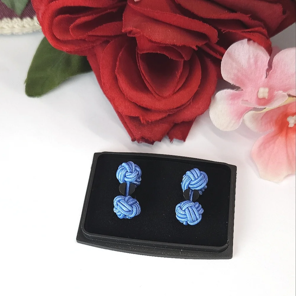 Vintage Baby Blue Silk Knit Cuff Links in Original Box